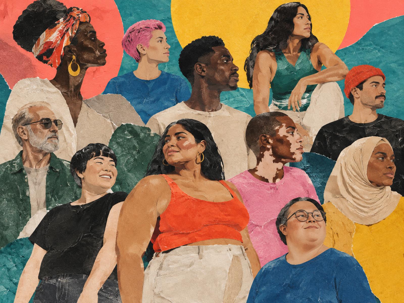 Collage of many different people rendered as painted paper cutouts