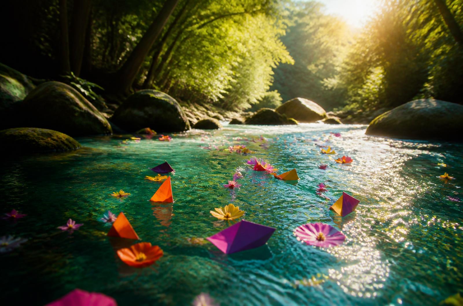 Flowers and folded paper forms traveling through a sunlit forest river